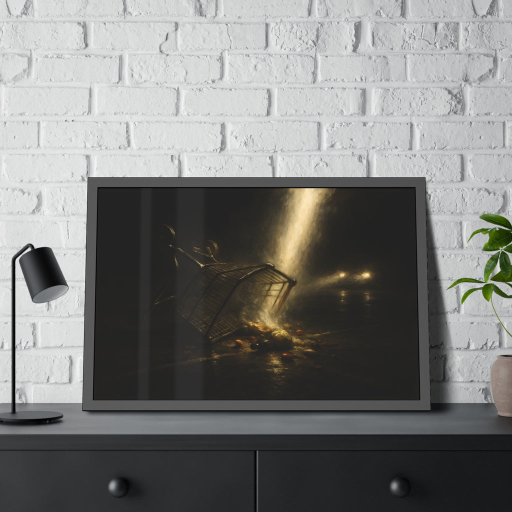 A tipped shopping cart spilling groceries in a shaft of light. The Conversion of the Shopping Cart by Garabaggio, framed fine art print hanging in a room.