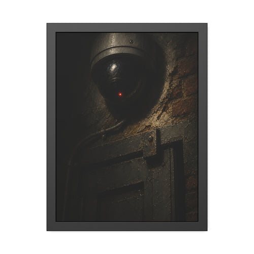A dome security camera with a red light above a metal door. Installation Above the Door by Garabaggio, framed fine art print, 18″ x 24″.