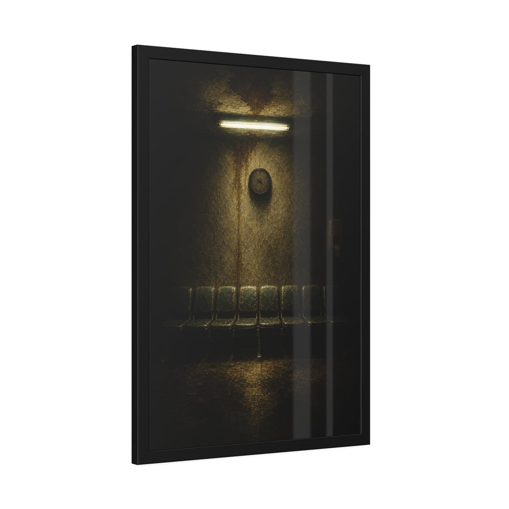 Eight worn seats in a row under a wall clock and one fluorescent tube. Eight Seats and a Clock by Garabaggio, framed fine art print hanging in a room.