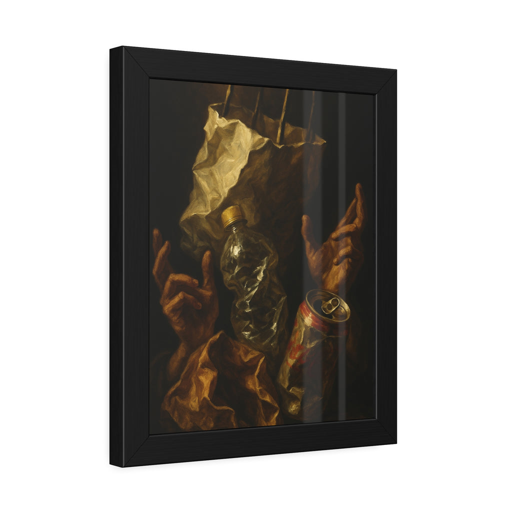 Two hands raised beside a paper bag, crushed bottle and dented can. The Assumption of the Discarded by Garabaggio, framed fine art print hanging in a room.