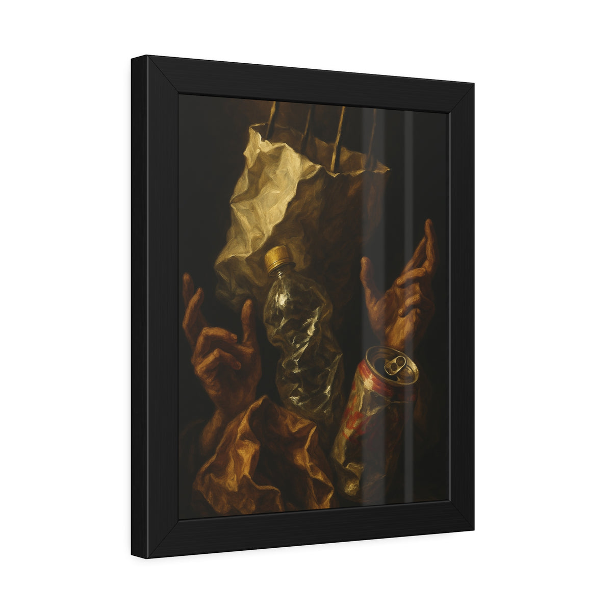 Two hands raised beside a paper bag, crushed bottle and dented can. The Assumption of the Discarded by Garabaggio, framed fine art print hanging in a room.