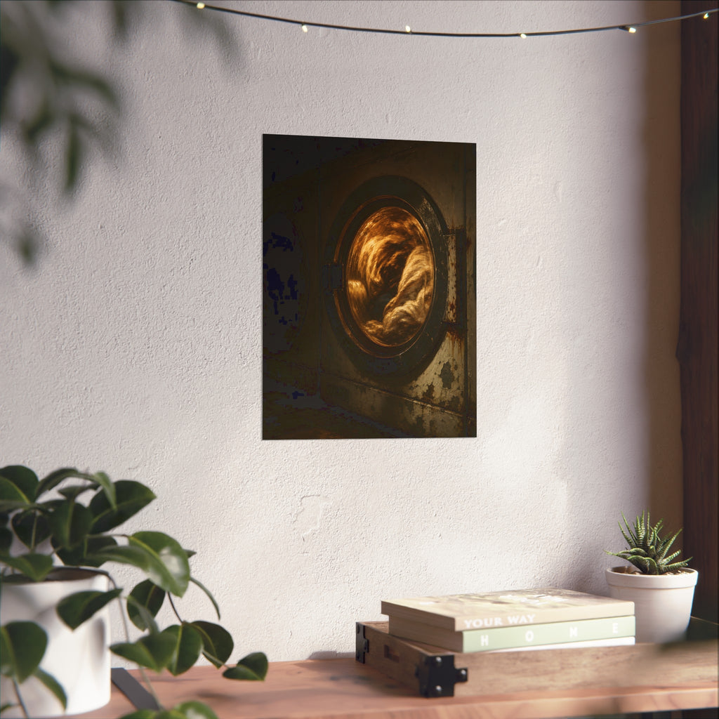A washer drum tumbling laundry lit amber behind its glass door. The First Spin by Garabaggio, fine art print hanging in a room.