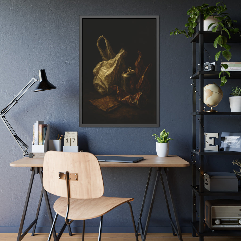 A crumpled plastic bag, crushed can and foil wrappers on a dark table. The Pietà of the Deflated by Garabaggio, framed fine art print hanging in a room.