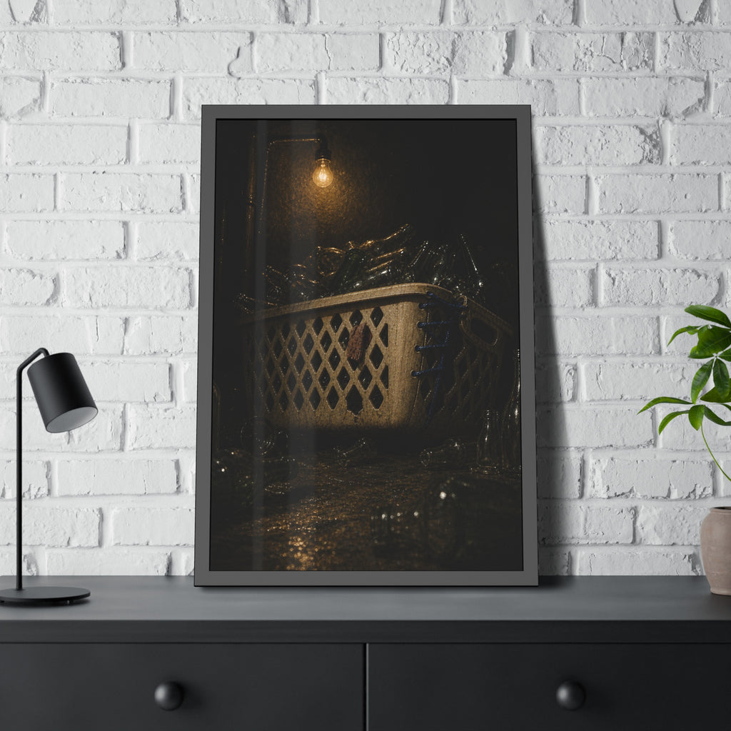 A laundry basket filled with glass bottles under a bare hanging bulb. The Second Life for Bottles by Garabaggio, framed fine art print hanging in a room.