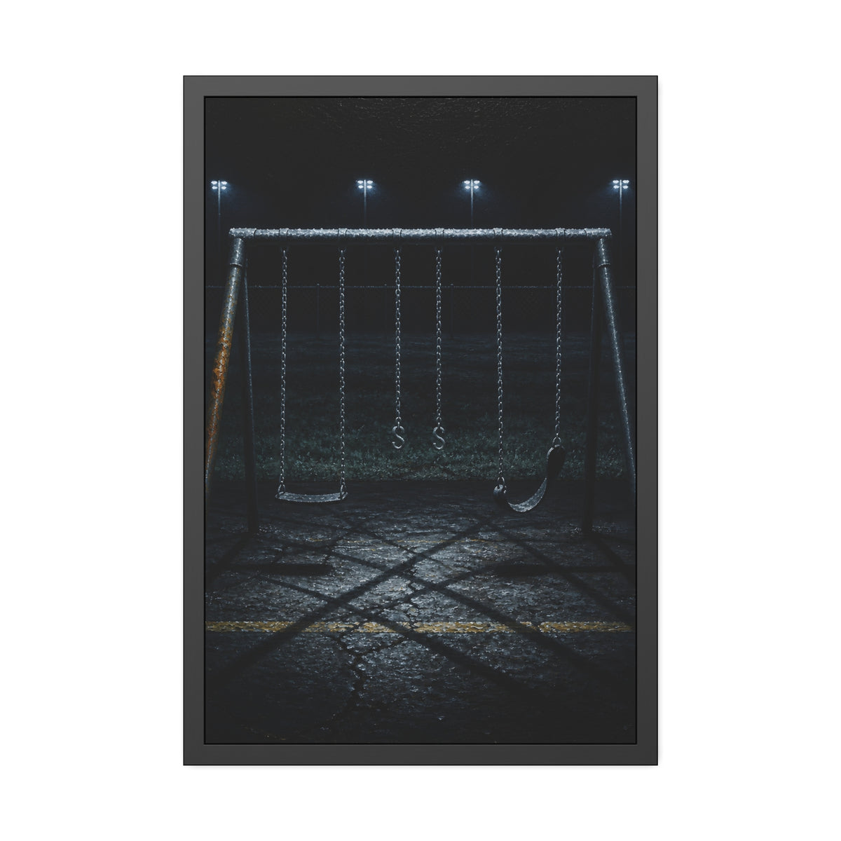 An empty swing set with a rusted leg on cracked asphalt. The Second Hour: The Rust Shaped Like a Hand by Garabaggio, framed fine art print, 24″ x 36″.