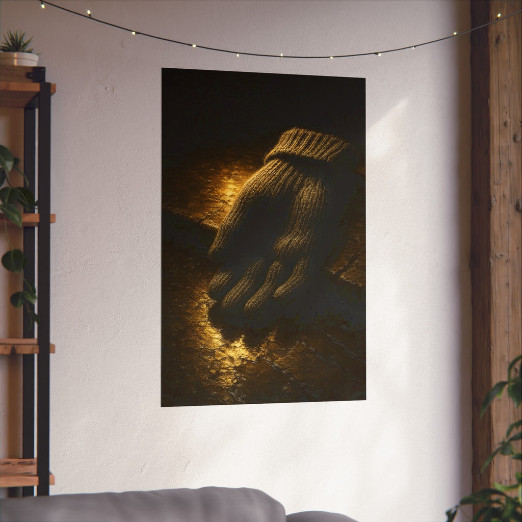 A knitted wool glove palm down on wet stone in gold light. The Presentation of the Woolen Glove by Garabaggio, fine art print hanging in a room.