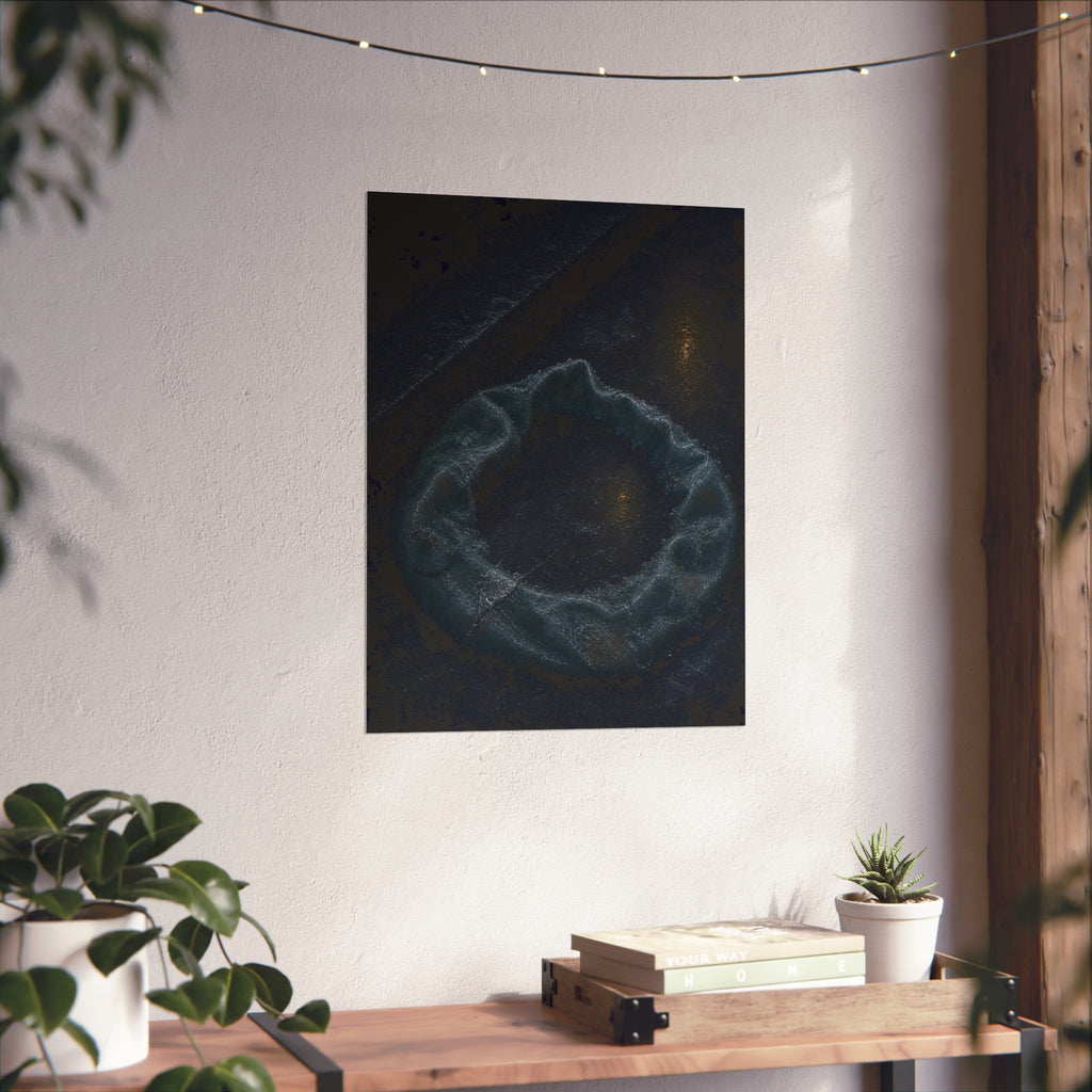A deflated ring float collapsed on wet pavement under distant amber light. The Freezing of the Smile by Garabaggio, fine art print hanging in a room.