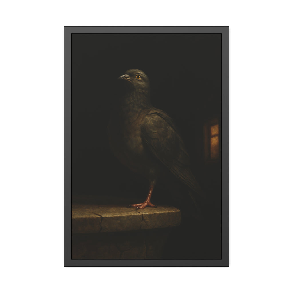 A pigeon standing on a cracked stone ledge in near darkness. The Martyrdom of the One-Legged Saint by Garabaggio, framed fine art print hanging in a room.