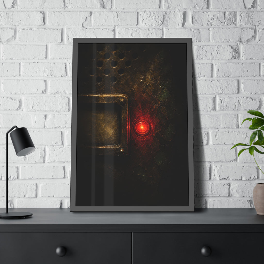 Close view of an intercom panel with one red button glowing in the dark. The Stuck Red Light by Garabaggio, framed fine art print hanging in a room.