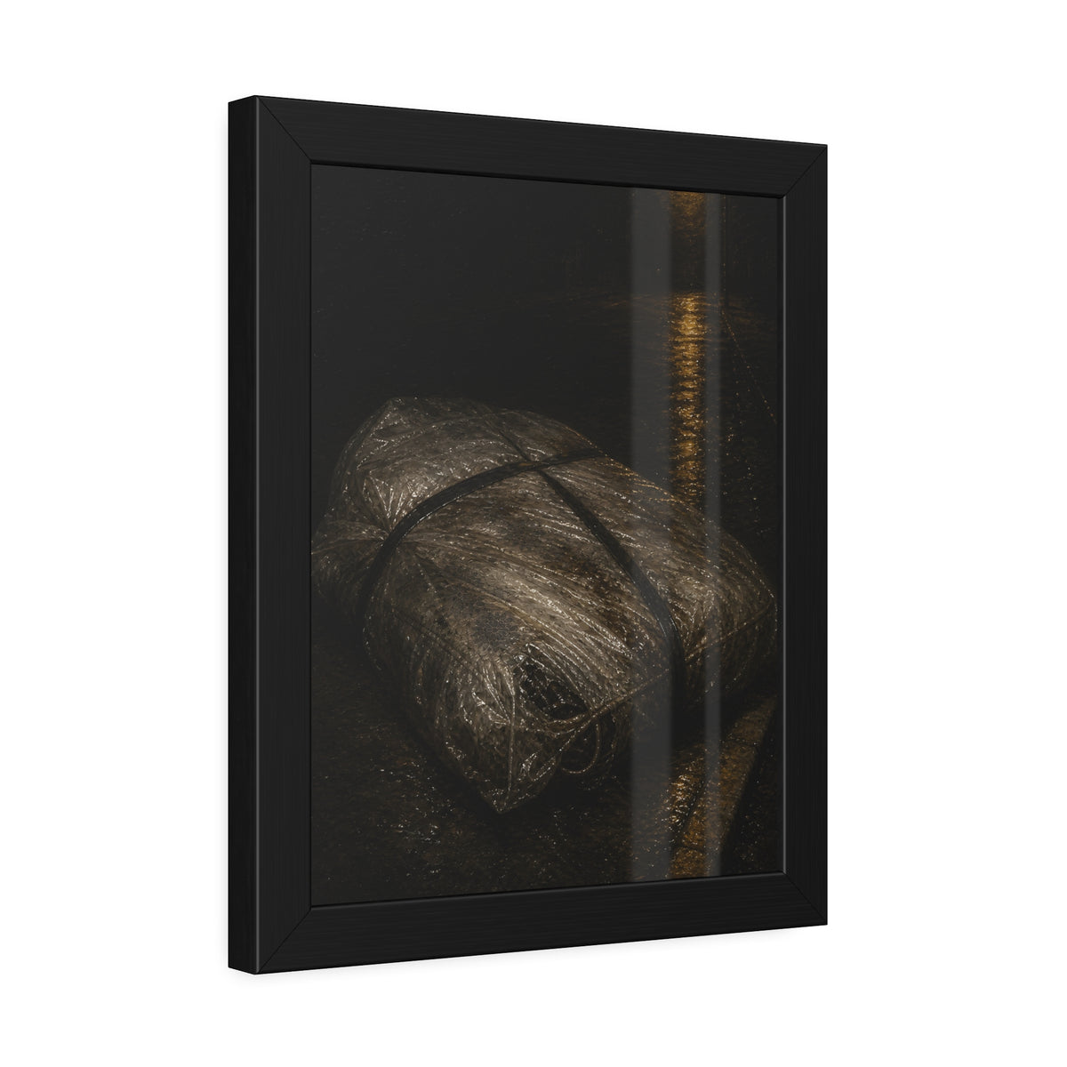 A mattress wrapped in plastic and strapped shut on a wet night street. The Municipal Shroud by Garabaggio, framed fine art print hanging in a room.