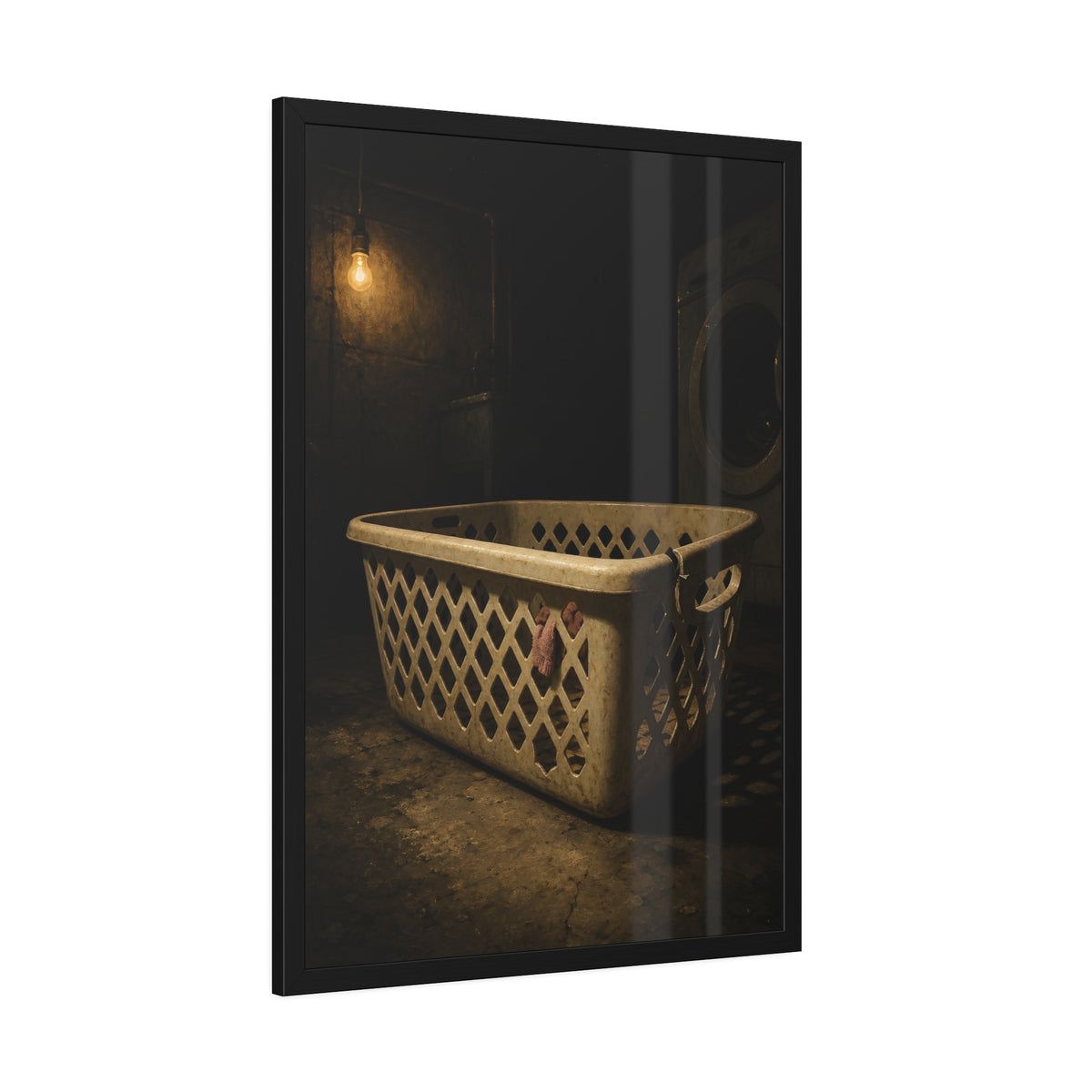 A plastic laundry basket on a basement floor under a bare hanging bulb. The First Split by Garabaggio, framed fine art print hanging in a room.