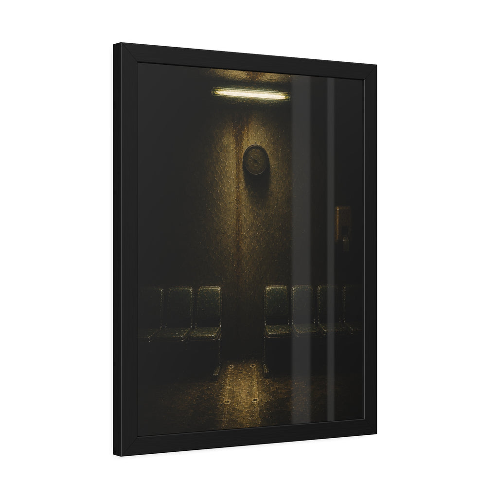 A gap in a row of waiting room chairs below a clock and one strip light. One Chair Removed by Garabaggio, framed fine art print hanging in a room.