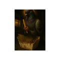 A haloed pigeon holding a french fry over a takeout carton in an alley. Madonna of the Pigeon with Fries by Garabaggio, fine art print, 12″ x 16″.