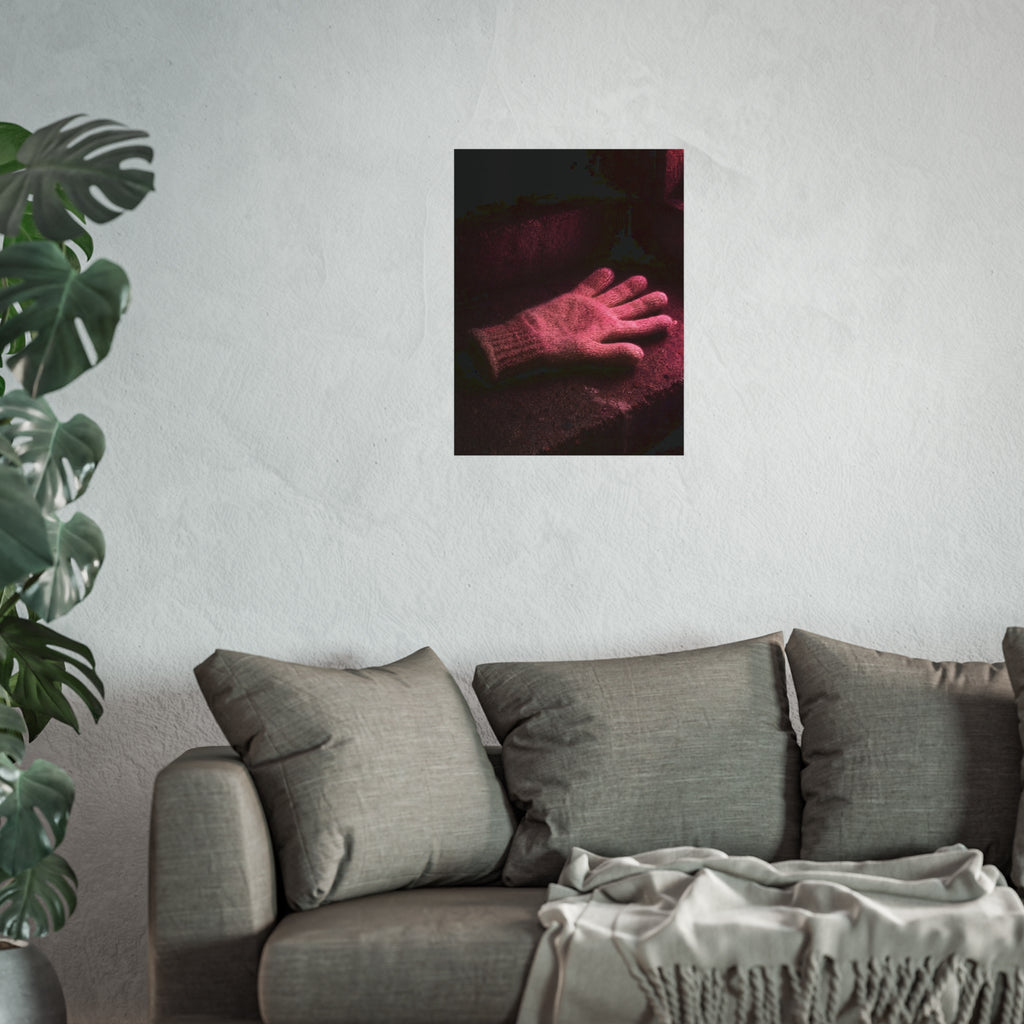 A knitted glove lying flat on a concrete step under pink light. The Vigil in Pink Light by Garabaggio, fine art print hanging in a room.