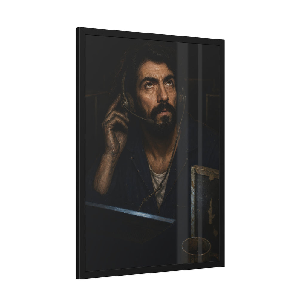 A man in a phone headset looks upward over the glow of a monitor. Garabaggio on Hold by Garabaggio, framed fine art print hanging in a room.