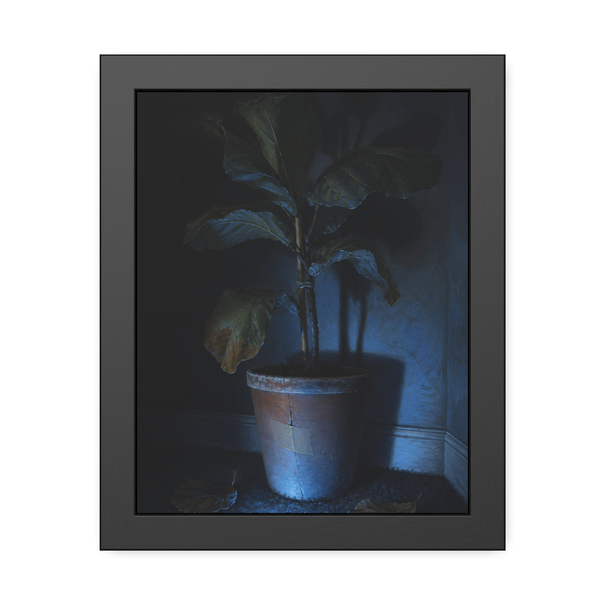 A dying potted plant in a corner washed in blue television light. The Television Hours by Garabaggio, framed fine art print, 11″ x 14″.