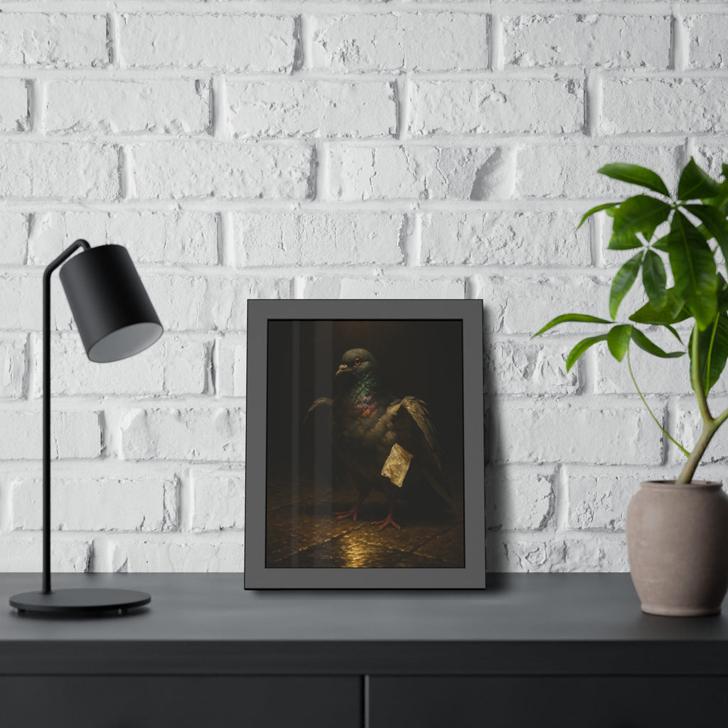 A pigeon with wings half raised, a paper scrap at its side. The Annunciation of the Common Pigeon by Garabaggio, framed fine art print hanging in a room.