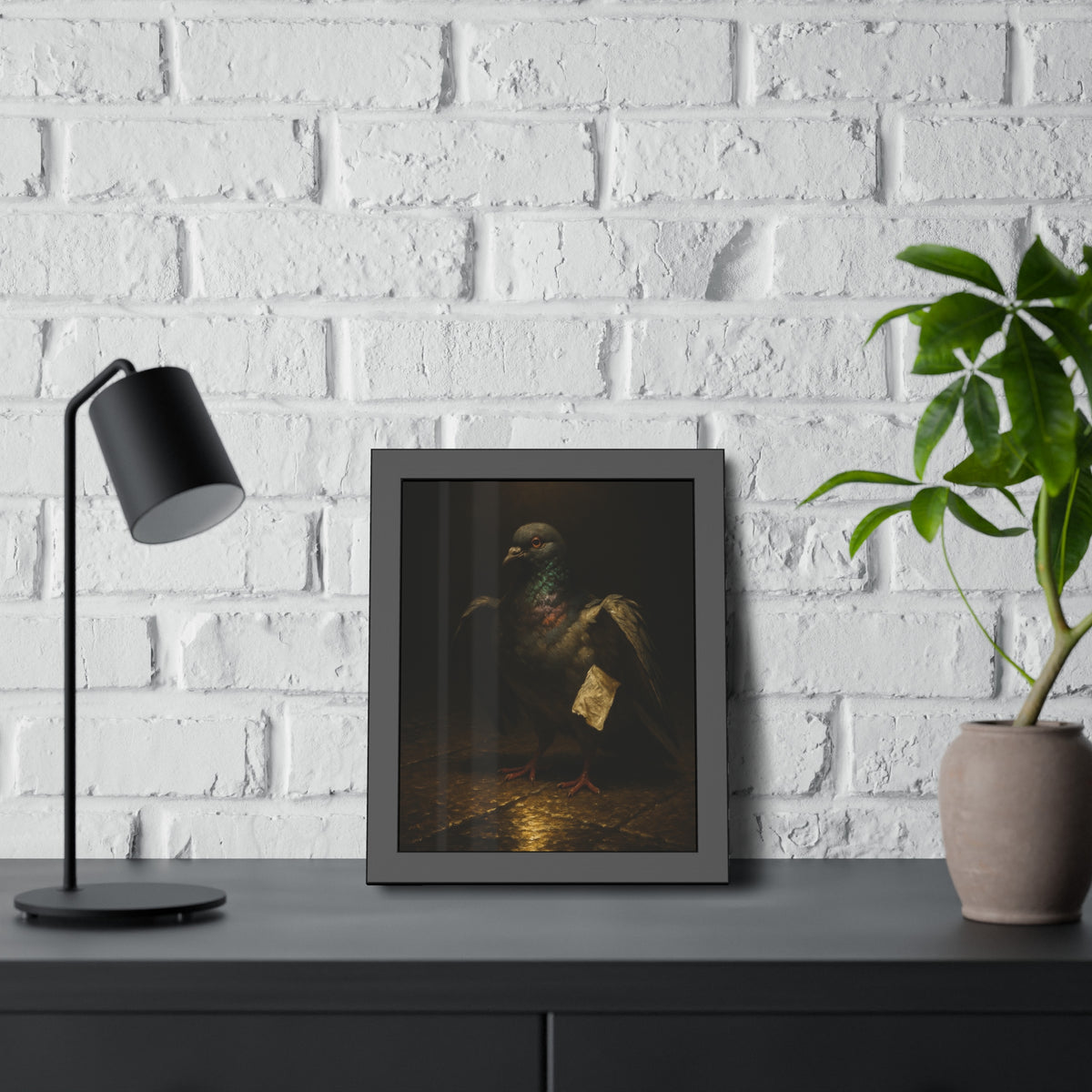 A pigeon with wings half raised, a paper scrap at its side. The Annunciation of the Common Pigeon by Garabaggio, framed fine art print hanging in a room.