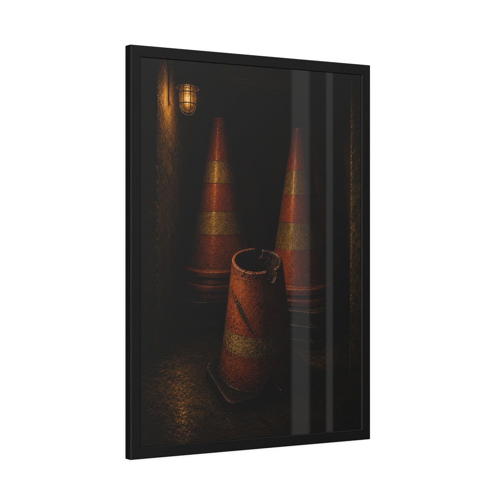 Stacked traffic cones behind a crushed one under a caged wall lamp. The Multiplication of Cones by Garabaggio, framed fine art print hanging in a room.