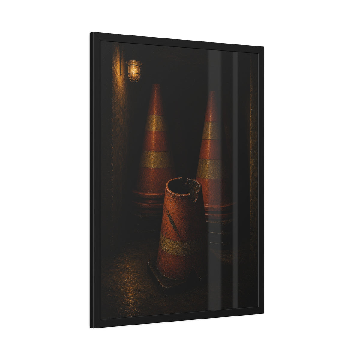 Stacked traffic cones behind a crushed one under a caged wall lamp. The Multiplication of Cones by Garabaggio, framed fine art print hanging in a room.