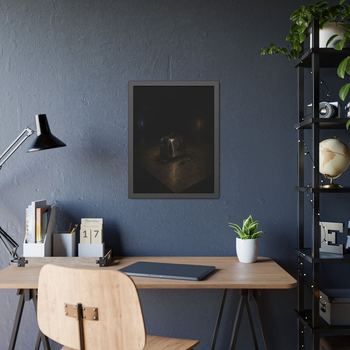 A scorched chrome toaster alone on a metal counter in a dark room. The Cooling on Steel by Garabaggio, framed fine art print hanging in a room.