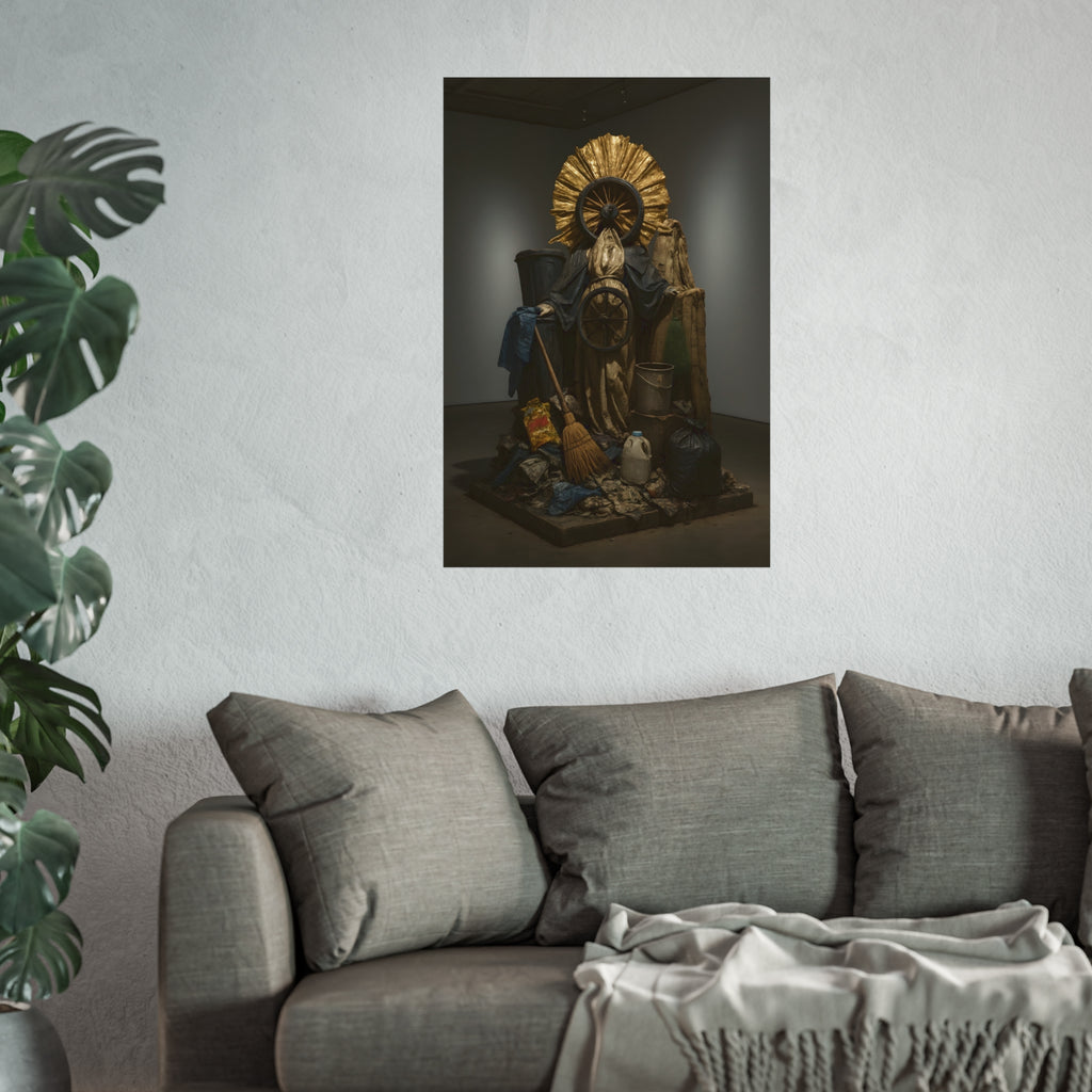 A draped figure with cart wheels above heaped trash. The Martyrdom of Saint Catherine of the Cartwheel by Garabaggio, fine art print hanging in a room.