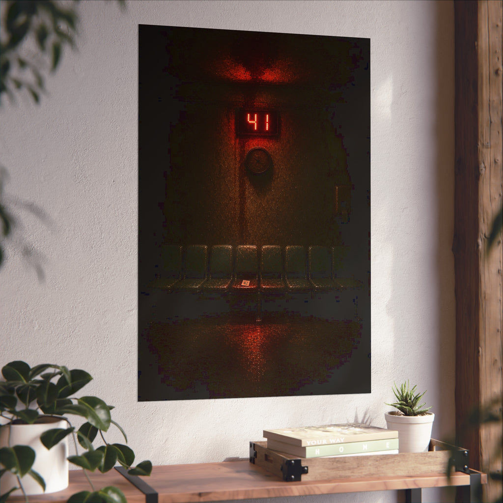 An empty row of waiting room seats beneath a red display reading 41. The Call That Does Not Come by Garabaggio, fine art print hanging in a room.