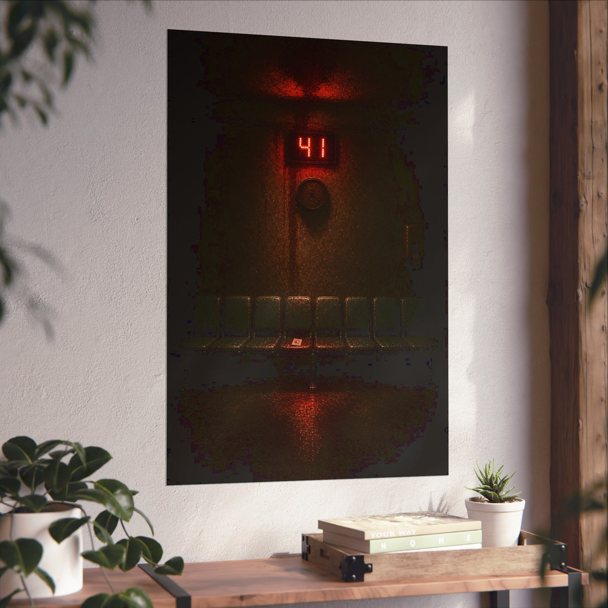An empty row of waiting room seats beneath a red display reading 41. The Call That Does Not Come by Garabaggio, fine art print hanging in a room.