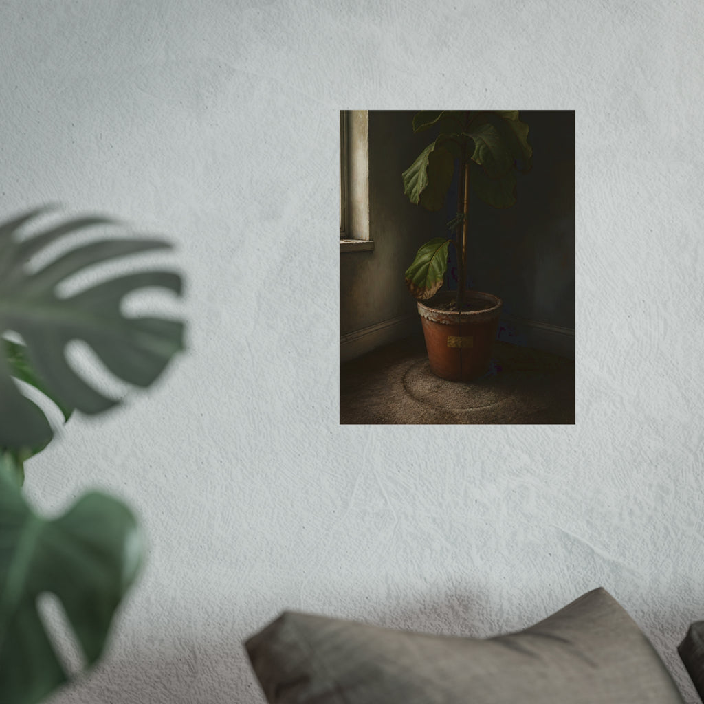 A leafy potted fig staked to a cane in a taped clay pot beside a window. The Corner by the Window by Garabaggio, fine art print hanging in a room.