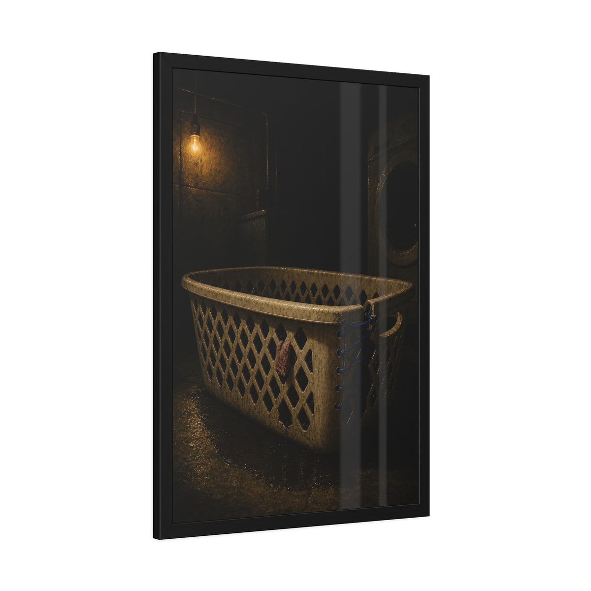 A laundry basket laced shut with blue cord under a bare bulb. The Binding with Blue Cord by Garabaggio, framed fine art print hanging in a room.