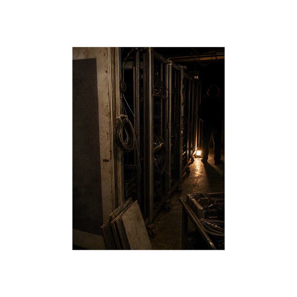 Open server racks in a dark room, a work lamp and a figure at the end. Garabaggio at the End of the Row by Garabaggio, fine art print, 12″ x 16″.