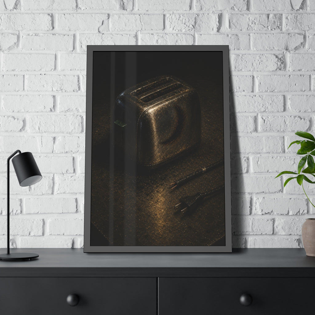 A scorched toaster on a metal table beside its severed cord and plug. The Severing of the Cord by Garabaggio, framed fine art print hanging in a room.