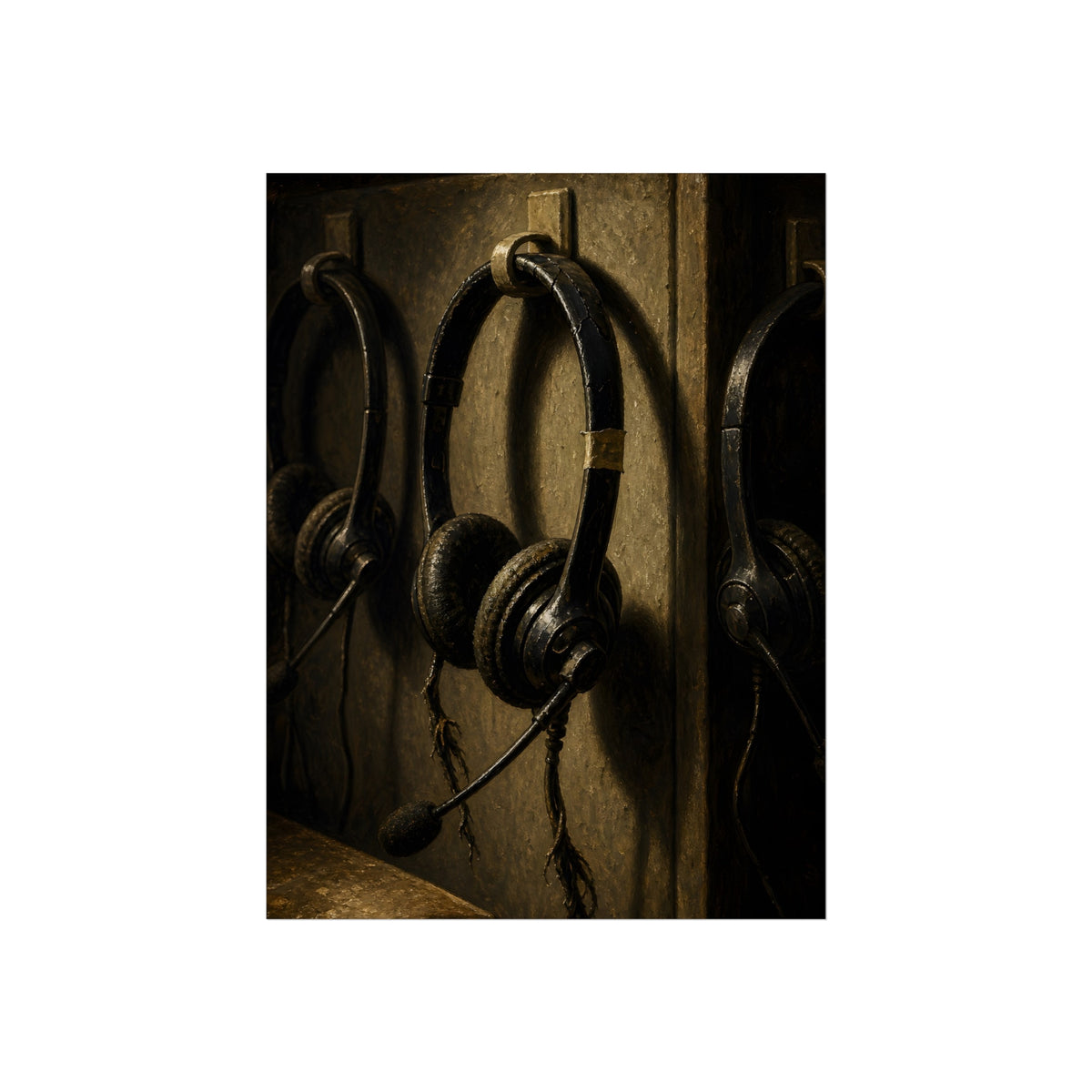 Three worn call center headsets hanging on wall hooks in dim light. The Headsets Left Hanging by Garabaggio, fine art print, 18″ x 24″.