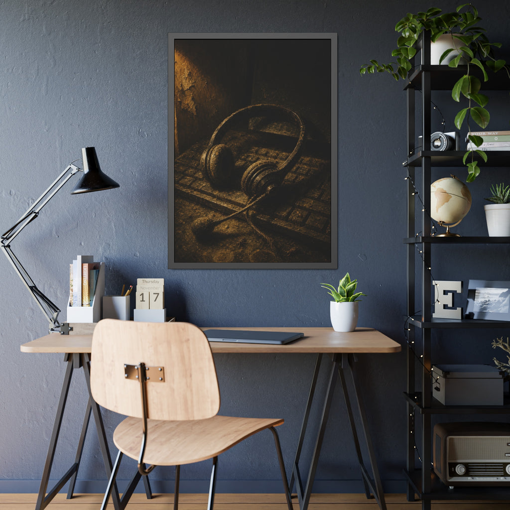 Dust covered headset resting on an old keyboard in brown light. Cubicles Under Dust by Garabaggio, framed fine art print hanging in a room.