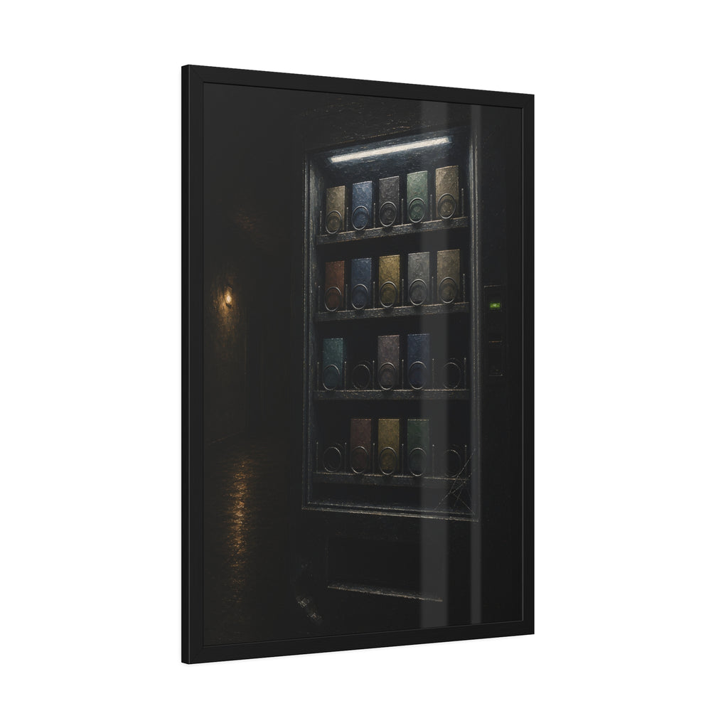 A vending machine with gaps in its rows lighting an empty hallway. The Gaps Spread by Garabaggio, framed fine art print hanging in a room.