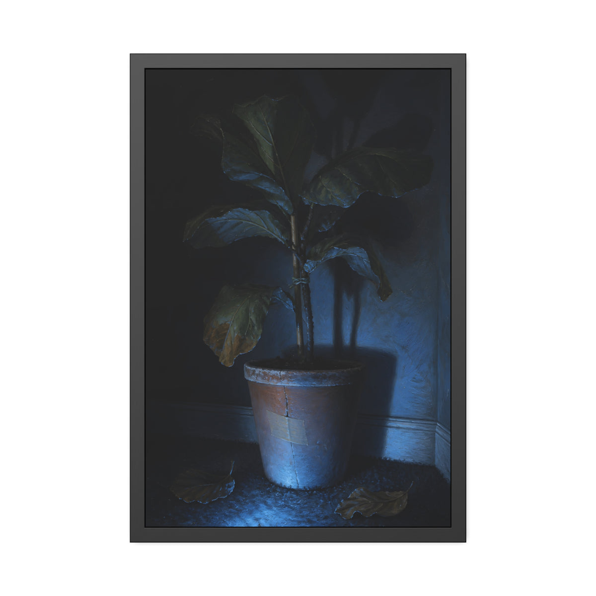 A dying potted plant in a corner washed in blue television light. The Television Hours by Garabaggio, framed fine art print, 24″ x 36″.