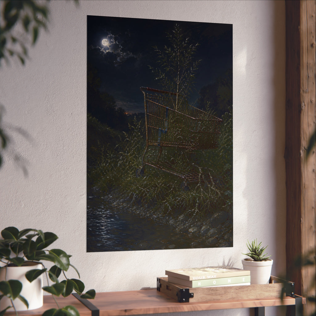 A shopping cart in creekside weeds with a sapling growing up through it. The Cart Grown Through by Garabaggio, fine art print hanging in a room.