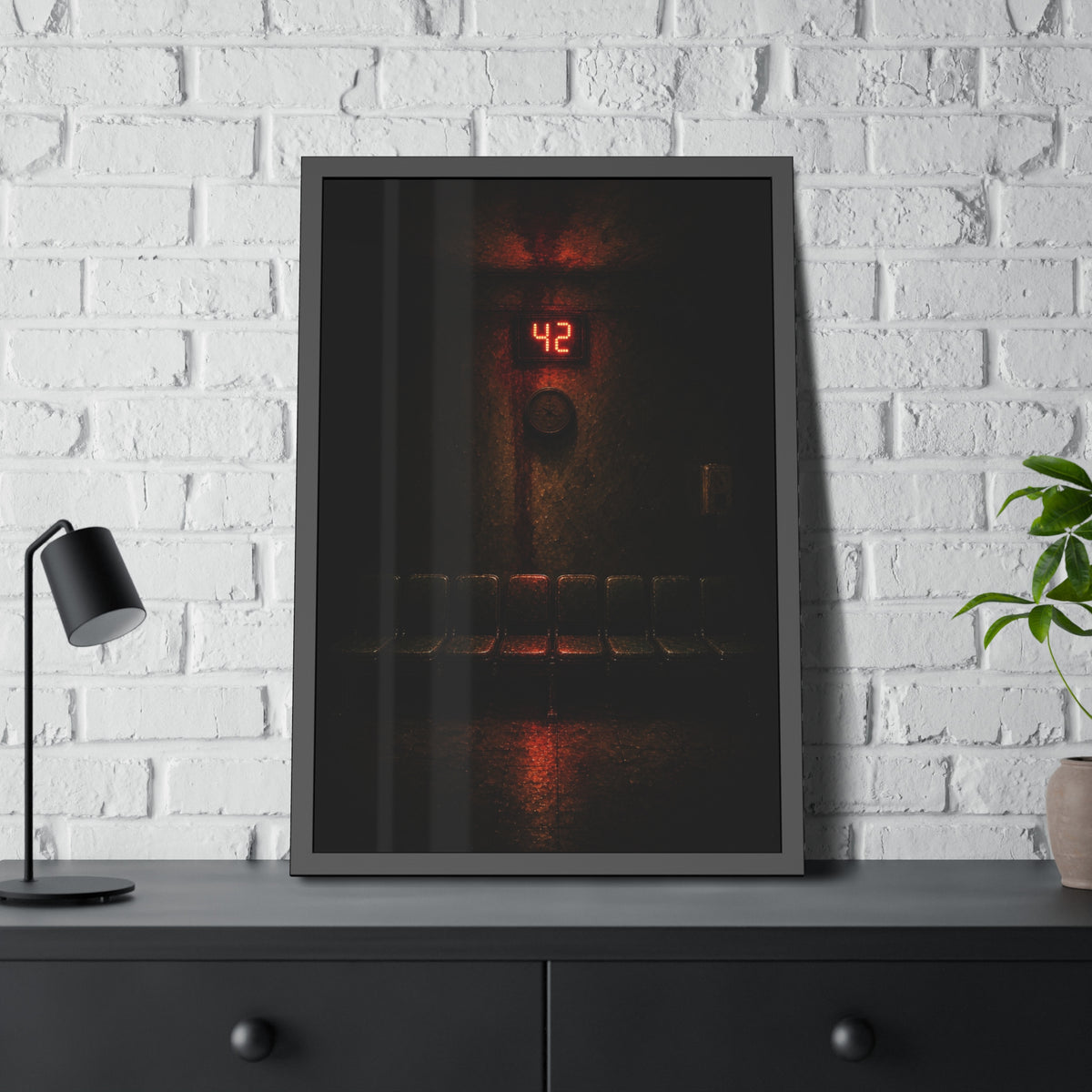 A red number display glowing above an empty row of waiting room chairs. The Number Called at Last by Garabaggio, framed fine art print hanging in a room.