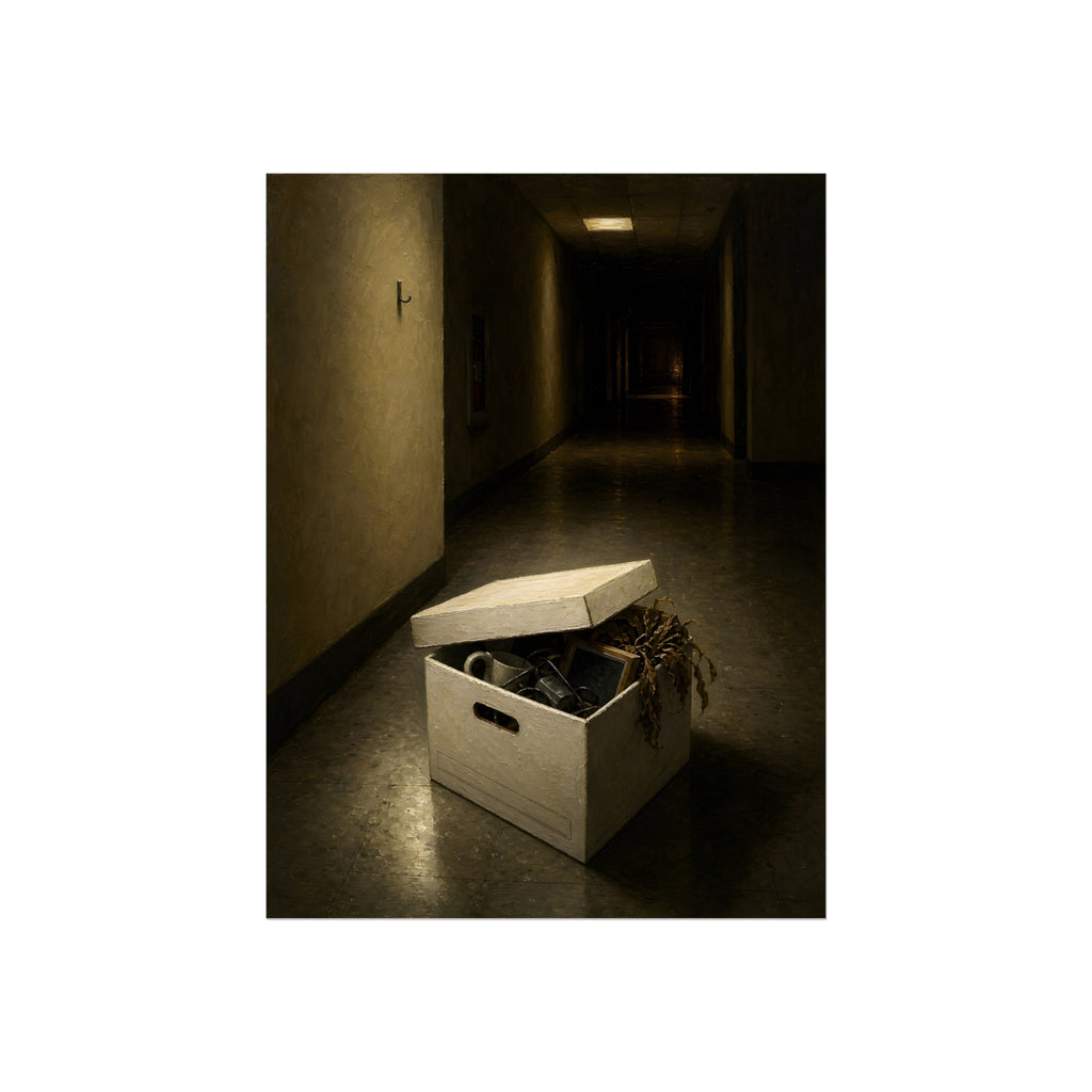An open box of desk items on the floor of a dim office hallway. The Box of Personal Effects by Garabaggio, fine art print, 12″ x 16″.