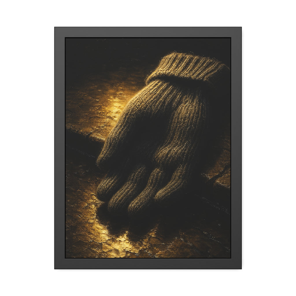 A knitted wool glove palm down on wet stone in gold light. The Presentation of the Woolen Glove by Garabaggio, framed fine art print hanging in a room.