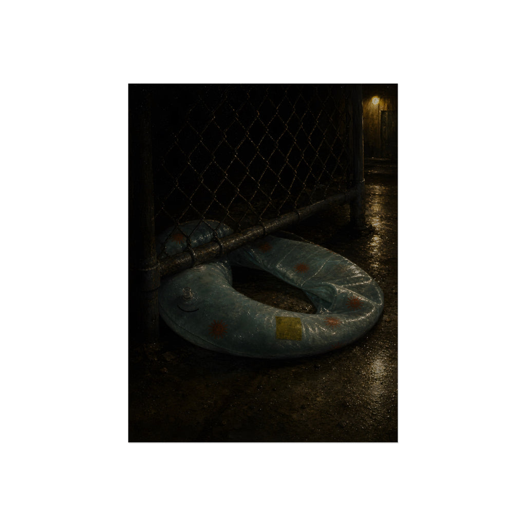 A deflated ring float pushed under a chain link fence in a wet alley. The Escape Beneath the Fence by Garabaggio, fine art print, 12″ x 16″.
