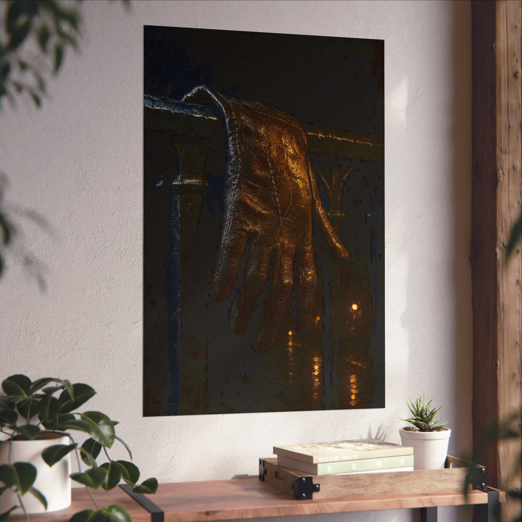 A leather glove draped over an iron railing, fingers hanging. The Repose of the Leather Glove, No. 1 by Garabaggio, fine art print hanging in a room.