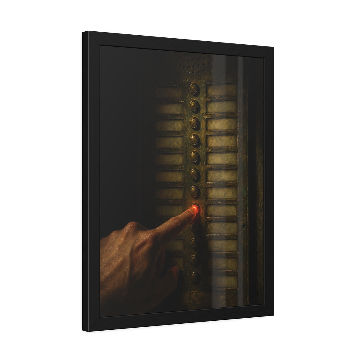 A hand pressing one glowing red button on a worn intercom panel. The Finger at Midnight by Garabaggio, framed fine art print hanging in a room.