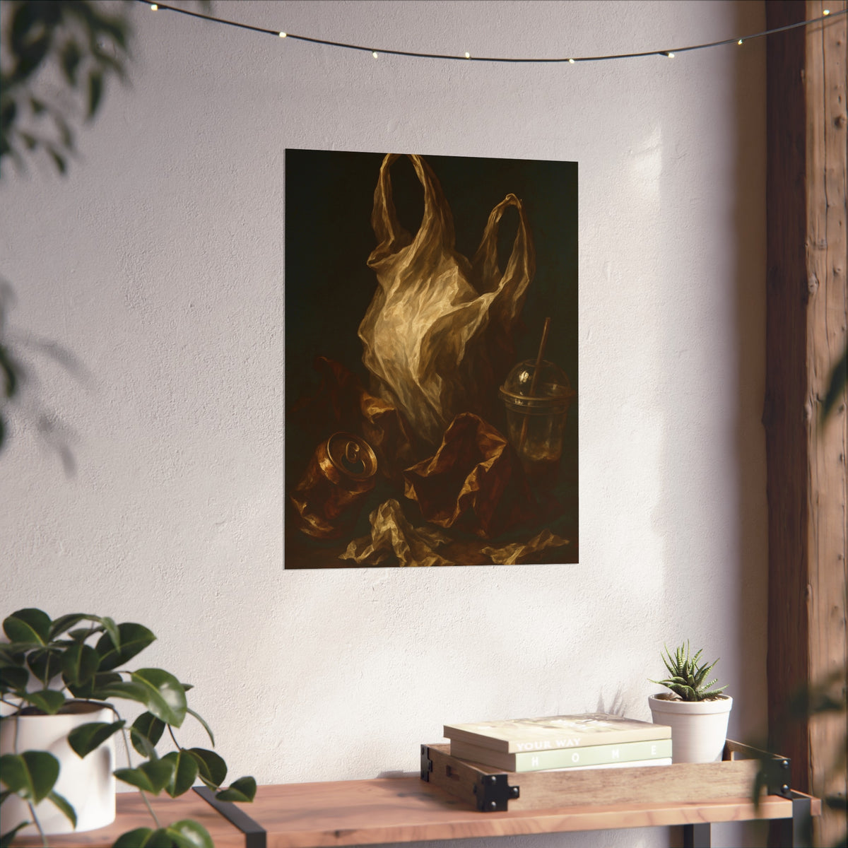 A plastic bag held open above a crushed can and a plastic cup with straw. The Apparition of the Bag by Garabaggio, fine art print hanging in a room.