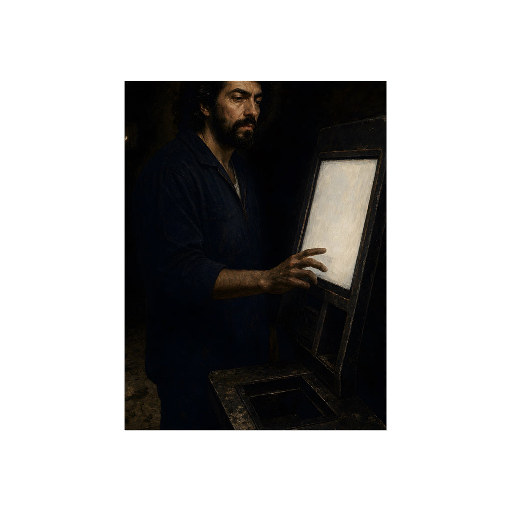 A bearded man in coveralls touching a glowing checkout screen. The Invitation to Begin by Garabaggio, fine art print, 12″ x 16″.