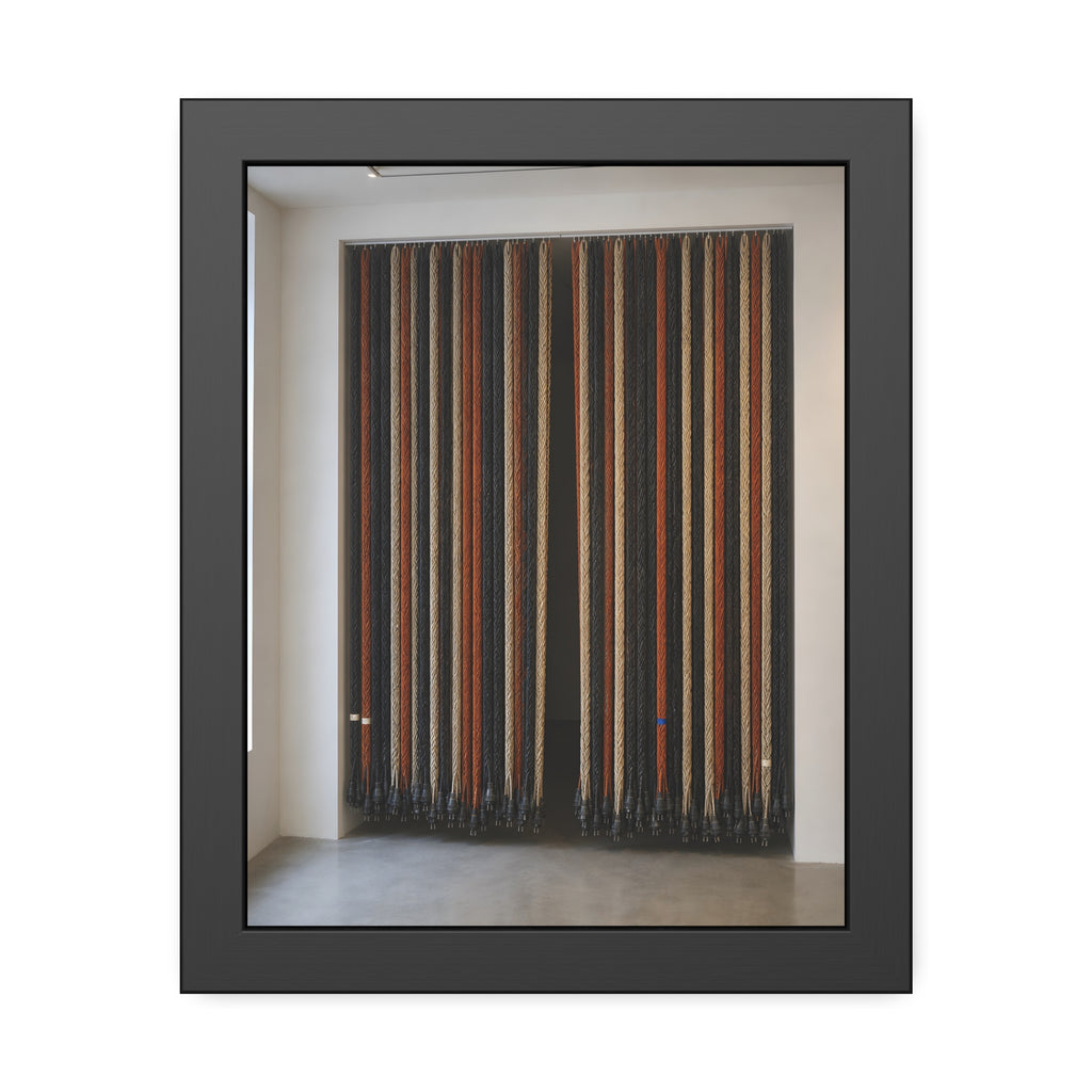 Hundreds of extension cords hung floor to ceiling across a bright white room. The Cord Curtain by Garabaggio, framed fine art print, 11″ x 14″.