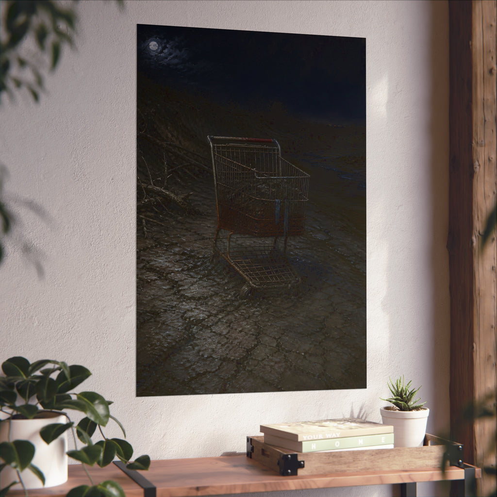 A rusted shopping cart sunk in cracked dried mud under a full moon. The Silting by Garabaggio, fine art print hanging in a room.