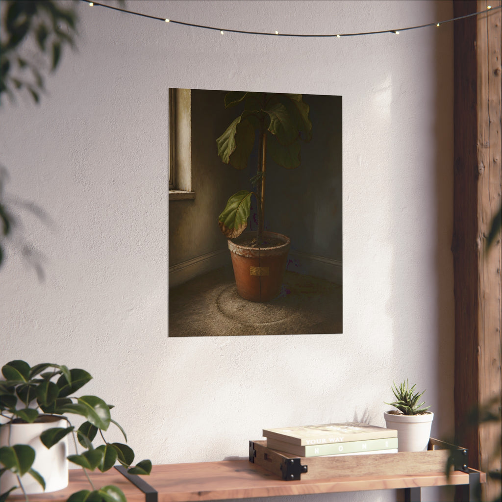 A leafy potted fig staked to a cane in a taped clay pot beside a window. The Corner by the Window by Garabaggio, fine art print hanging in a room.