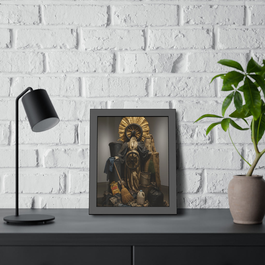 A draped figure with cart wheels above heaped trash. The Martyrdom of Saint Catherine of the Cartwheel by Garabaggio, framed fine art print hanging in a room.