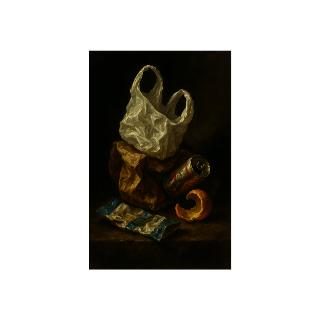 A plastic bag, crushed can and orange peel on a dim table. Still Life with Orange Peel and Resignation by Garabaggio, fine art print hanging in a room.
